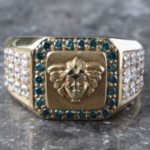 0.33CTW Medusa Head Blue Diamond Border with Cubic Shoulder Ring