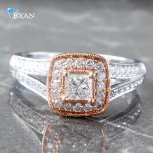 0.87CTW Natural Gold Diamond Rose Ring with White Gold Pave Halo