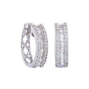 0.50ctw Baguette Center Round Prong Set Sides Round Diamond Hoops 10k White Gold