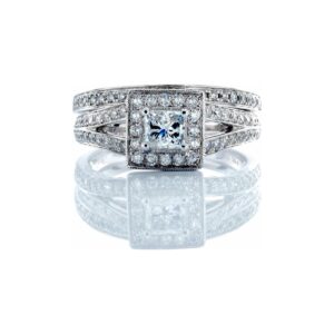 1.00CTW Natural Princess Solitaire With Square Halo and Split Pave Shoulders with Matching Wedding Band 14k White Gold
