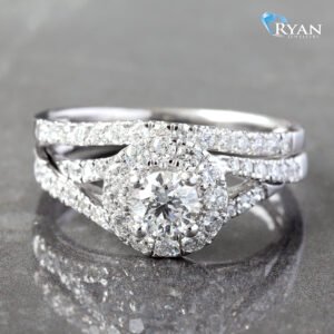 1.00CTW Natural Diamond Pave Halo Cross Over band with Matching Contouring Band