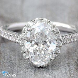 2.11CTW Oval Solitaire with Halo and Pave Diamond Shoulders Ring