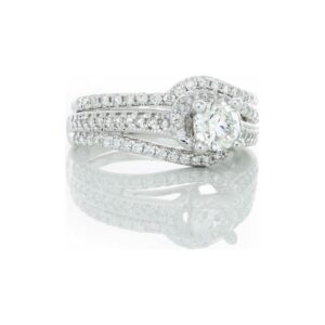 1.00CTW Natural Round Solitaire with Halo Diamond Pave Wrap Design, Bridal Set
