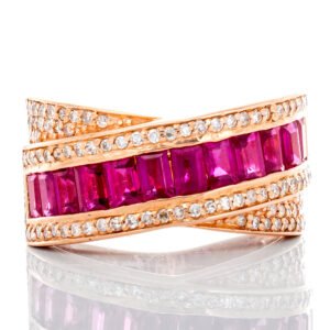 1.20ctw Channel Set Emerald Cut Ruby Center with 0.50ctw Diamond Cross Over Design Band