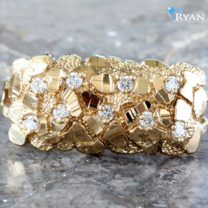 Large Diamond Cut Nugget W/ Cubic Zirconia Two Finger Men's Ring