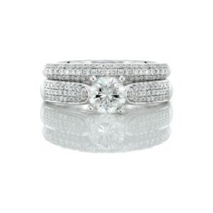 1.50CTW Raised Solitaire Center Three Row Micro Pave Slight Dome Shoulders & Matching Band 14k White Gold