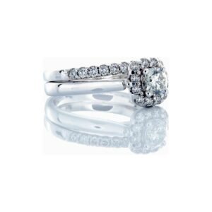 0.75CTW Round Solitaire Cushion Halo, High Polished Tapered Shoulders with Matching Wedding Band 14k White Gold