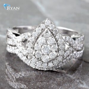 RING GW 10K 1.00CTW DIAMOND IMPERIAL PEAR SHAPE CENTER HALO PAVE INFNITY SHOULDERS BRIDAL SET