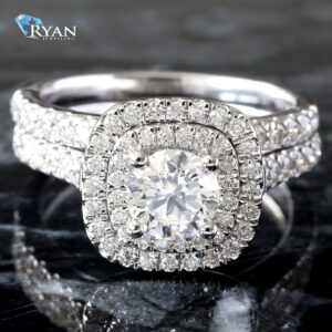 1.50CTW Round Solitaire Double Cushion Halo Bridal Set