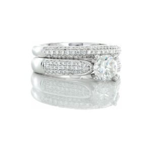 1.50CTW Raised Solitaire Center Three Row Micro Pave Slight Dome Shoulders & Matching Band 14k White Gold