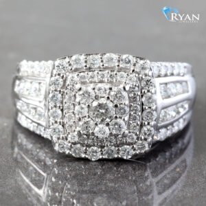 1.00CTW Natural Imperial Cushion Cluster With Double Halo, 4 Prong Channel Set Shoulders