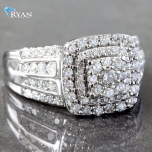 1.00CTW Natural Imperial Cushion Cluster With Double Halo, 4 Prong Channel Set Shoulders