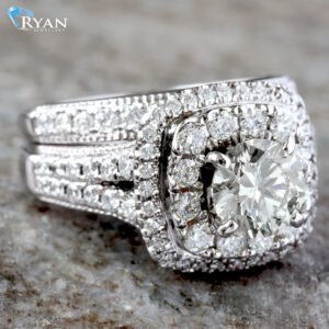 2.00CTW Natural Round Natural Diamond with Double Cushion Halo, Split Pave Shoulders Bridal Set