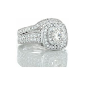 1.63CTW Round Solitaire Double Cushion Halo with Contouring Wedding Band & Beaded Accents 14kt White Gold