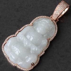 1.05ctw Natural White Jade Praying Lady Buddha with Diamond Frame 10k Rose Gold
