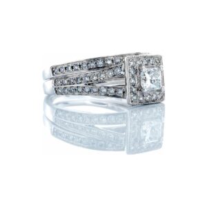 1.00CTW Natural Princess Solitaire With Square Halo and Split Pave Shoulders with Matching Wedding Band 14k White Gold