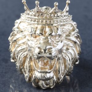 Large Roaring Lion Head with Crown Ring