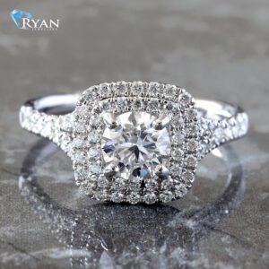 1.18CTW Round Solitaire W/ Double Cushion Halo & Split Pave Shoulders