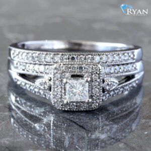 0.75ctw Bridal Set Princess Cut with Halo Spilt Shoulders and Beaded Edges