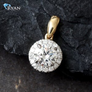0.60ctw Round Solitaire with Diamond Pave Halo and High Polished Bail Pendant