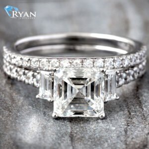 2.75ctw Bridal Set Ascher Cut with Baguette Sides and Pave Shoulders Rind and Matching Band