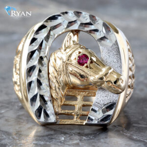 High Polish Horse Head W/ White Gold Horseshoe & Syn Ruby Eye Ring