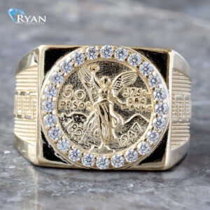 Square Face Peso Coin W/ Cubic Boarder and Greek Key Shoulder Ring