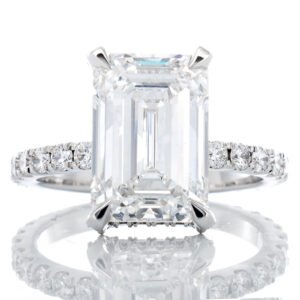 6.05ctw Emerald Lab Solitaire with Pave set Shoulders and Full Diamond Basket