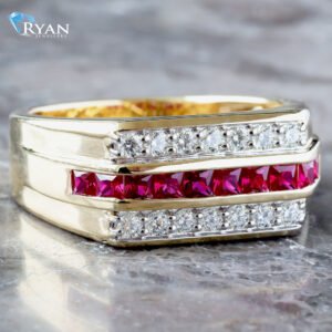 0.40ctw Three Row Table Top with Channel Set Princess Cut Ruby Center and Two Row Lab Diamonds