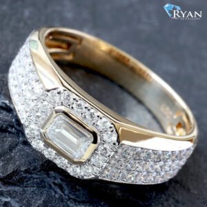 LAB RING GY 10K 1.35CTW HORIZONTAL SET EMERALD DIAMOND PAVE HALO THREE ROW PAVE SHOULDERS