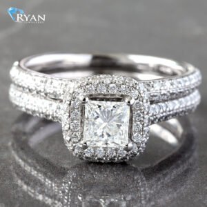 1.60CTW Natural Princess Solitaire With Pave Dome Cushion Halo, Bridal Set