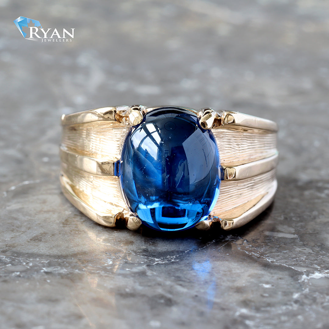 Wide Tapered Ridge W/ Syn Blue Oval Stone Ring