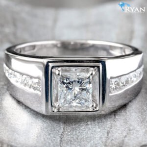 1.50CTW LAB Grown Princess Cut Center Men's Ring With Channel Set High Polish Sides