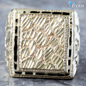 Large Rectangle Top Nugget Ring W/ Diamond Cut Boarder