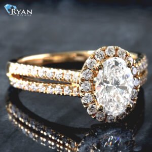 1.50ctw Oval Solitaire with Halo and Open Two Row Diamond Pave Shoulders Ring