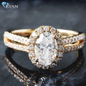 1.50ctw Oval Solitaire with Halo and Open Two Row Diamond Pave Shoulders Ring
