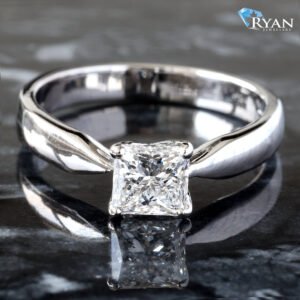 1.00 Carat Lab Grown Princess Cut Solitaire High Polished Tapered Shoulders 14k White Gold Ring