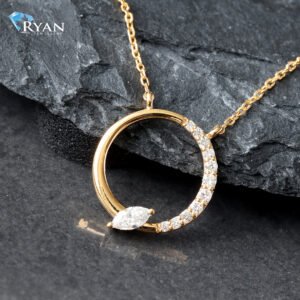 0.14CTW LAB Half High Polish Half Pave Circle Pendant With Marquise Accent