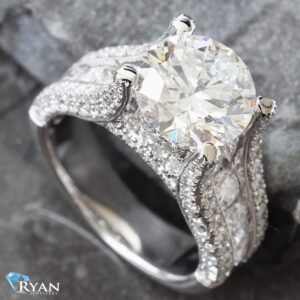 5.90CTW LAB Round Brilliant Center With Diamond Bridge Setting, Gold Beading Details & Round Diamond Shoulders