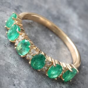 1.35ctw Alternating Six Oval Emerald with Vertical Double Round Diamond Earth Mined Ring
