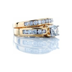 1.50CTW Diamond Solitaire Bridal Set with Channel Set Shoulders & Matching Wedding Band 14k Gold