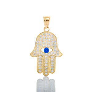 Hamsa Hand with Blue Sapphire Evil Eye 10k Gold