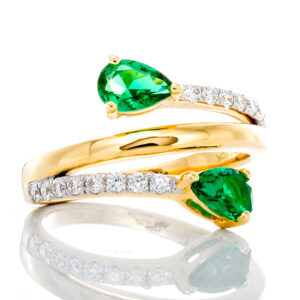 0.25ctw Diamond Pave and Two Pear Cut Emerald Cross Over Band