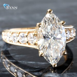 3.75CTW LAB 8 Prong Marquise Center With Graduating Tapered Diamond Shoulders & Herringbone Design Profile