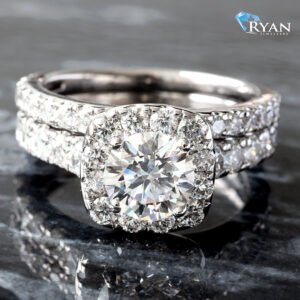 2.54CTW LAB Round Solitaire Diamond Center With Cushion Halo, Pave Shoulders and Matching Band Wedding Set