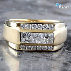 LAB RING GY 10K 1.15CTW THREE ROW TABLE TOP WITH CHANNEL SET PRINCESS CUT CENTER AND SINGLE ROW CHANEL SET ROUND DIAMOND SIDES