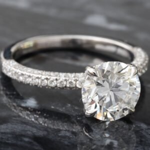 2.57ctw Round Solitaire with Hidden Halo Three Sided Pave Shoulders Ring