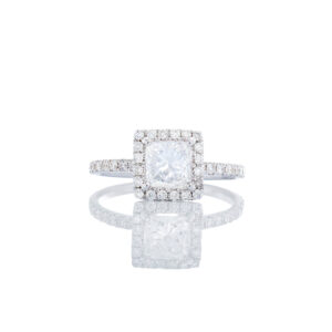 1.15ctw Princess Cut Solitaire Square Halo & Diamond Pave Shoulders 18k White Gold