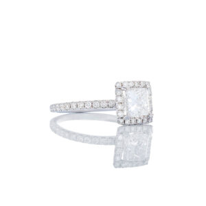 1.15ctw Princess Cut Solitaire Square Halo & Diamond Pave Shoulders 18k White Gold