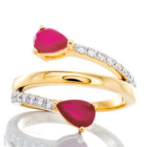 0.25ctw Diamond Pave and Two Pear Cut Ruby Cross Over Band